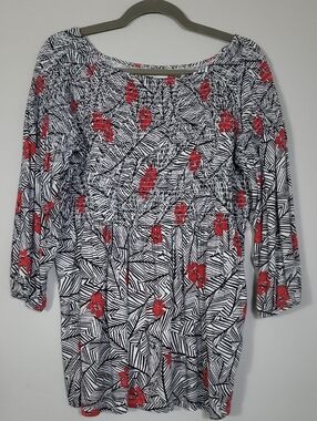 J Jill Floral Smocked Tunic Top Size Medium Red Black Square Neck Cottagecore